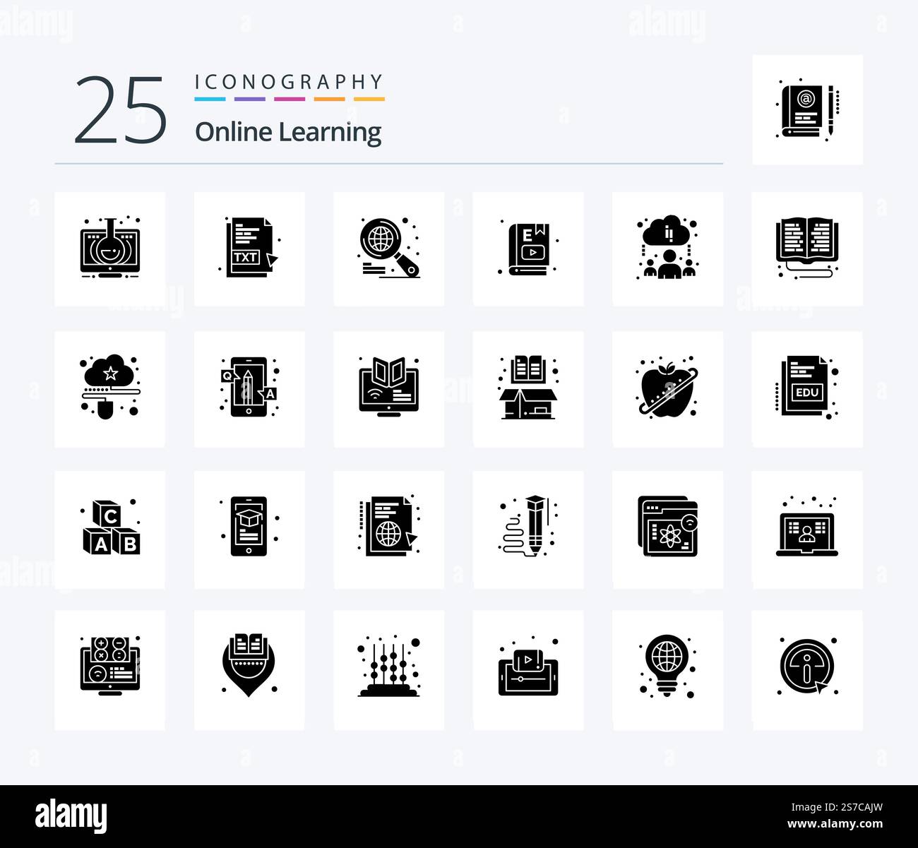 Online Learning 25 Solid Glyph icon pack including cloud. learning. file. education. e book Stock Vector