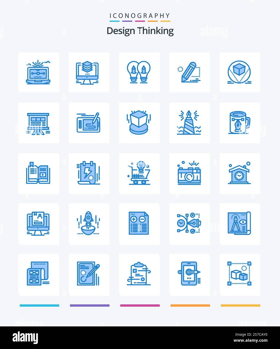 Creative Design Thinking 25 Blue icon pack  Such As painting. pencil. computer. light. solution Stock Vector