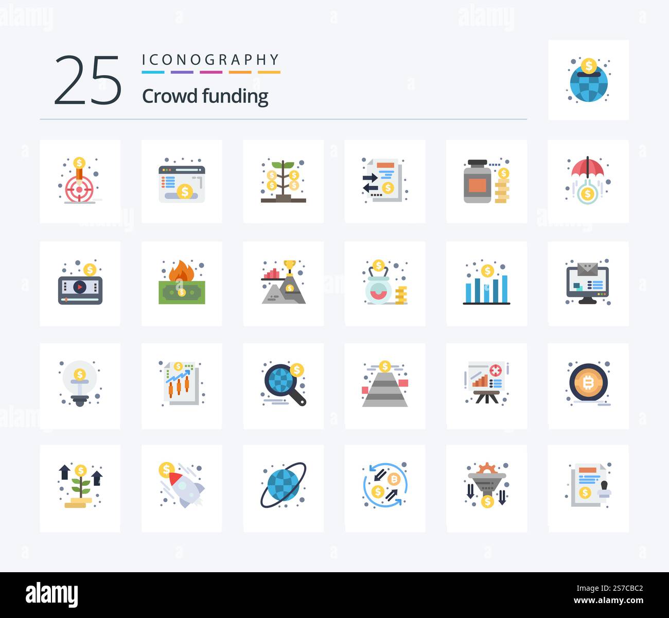Crowdfunding 25 Flat Color icon pack including currency. stack. fund ...