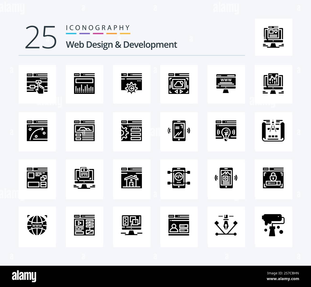 Web Design And Development 25 Solid Glyph icon pack including cloud sharing . web page . web. gear Stock Vector