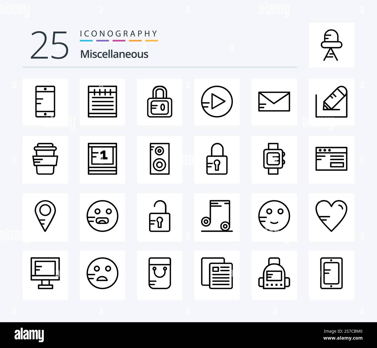 Miscellaneous 25 Line icon pack including school. write. study. pencil. email Stock Vector