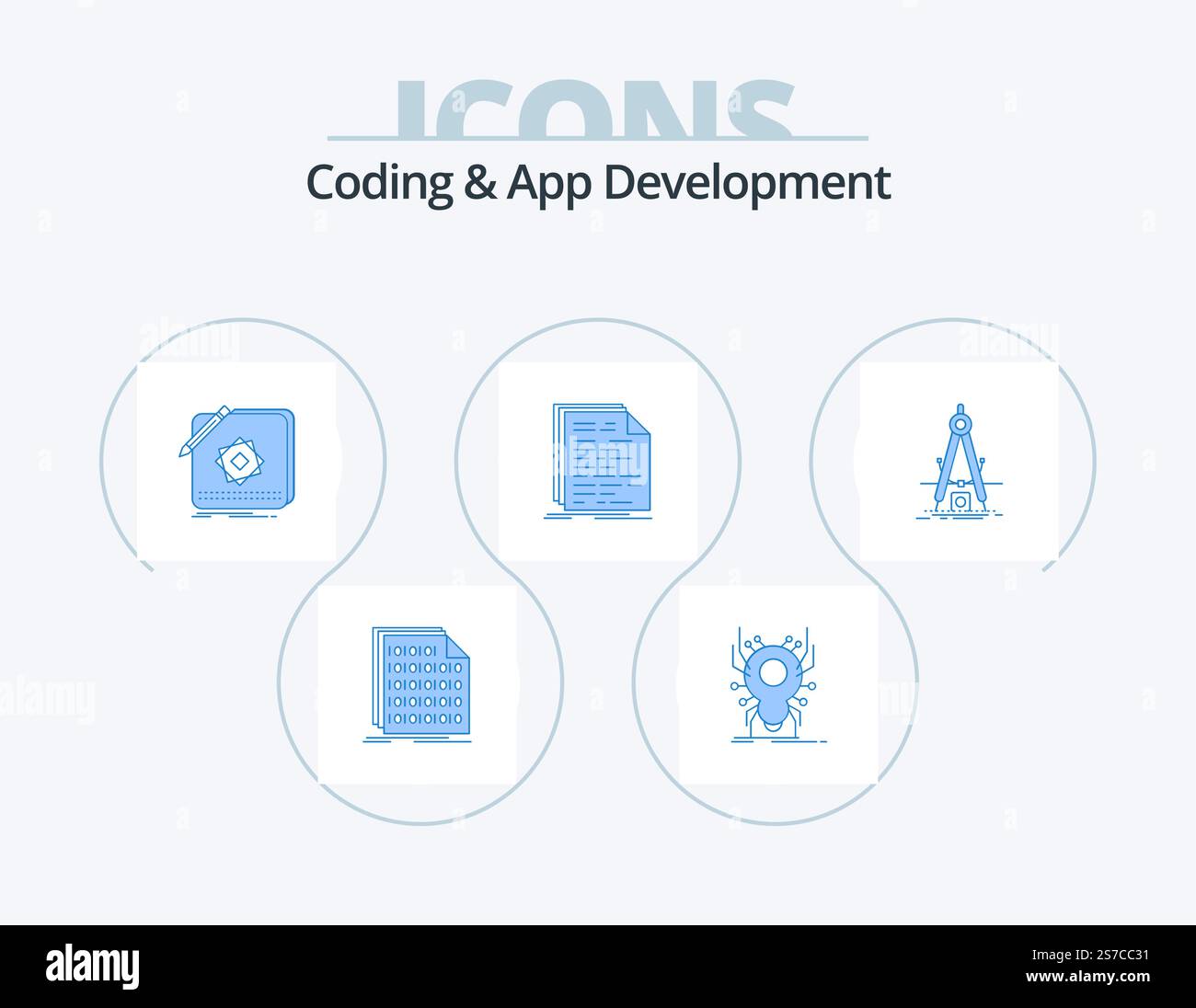 Coding And App Development Blue Icon Pack 5 Icon Design. doc. code ...