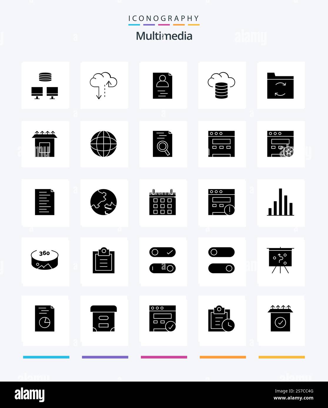 Creative Multimedia 25 Glyph Solid Black icon pack  Such As setup. box. resume. sync. backup Stock Vector