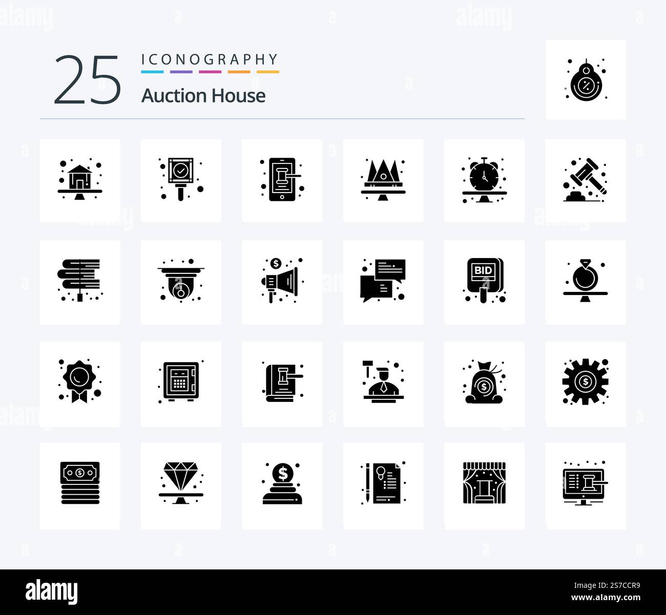 Auction 25 Solid Glyph icon pack including schedule. queen. mobile ...