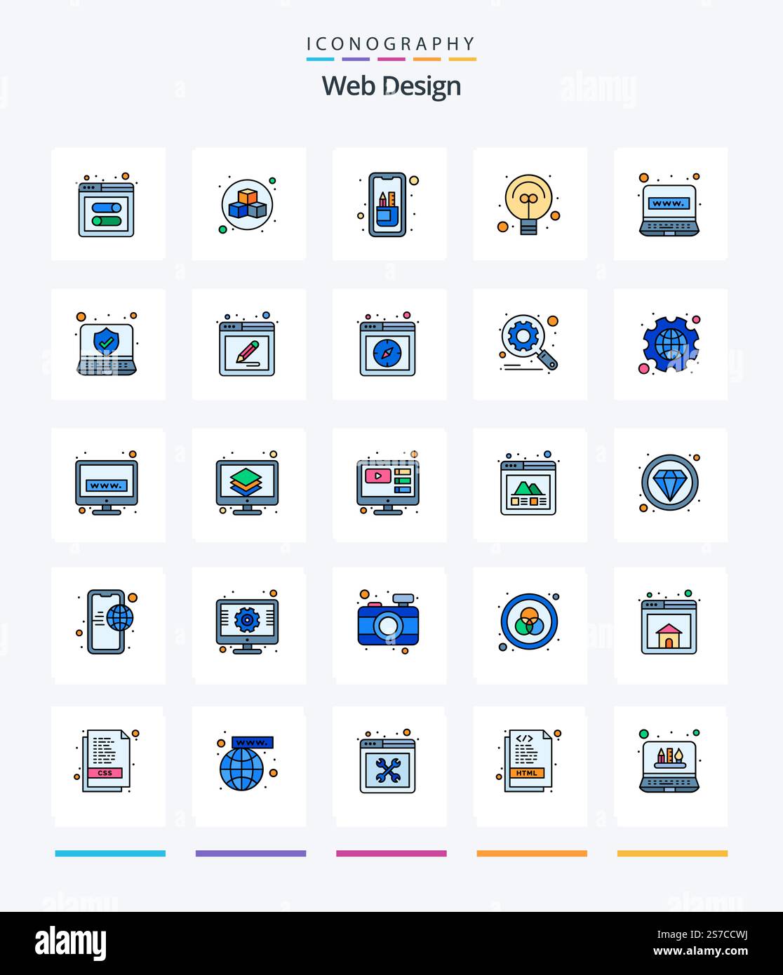 Creative Web Design 25 Line FIlled icon pack  Such As internet. computer. design. web. design Stock Vector