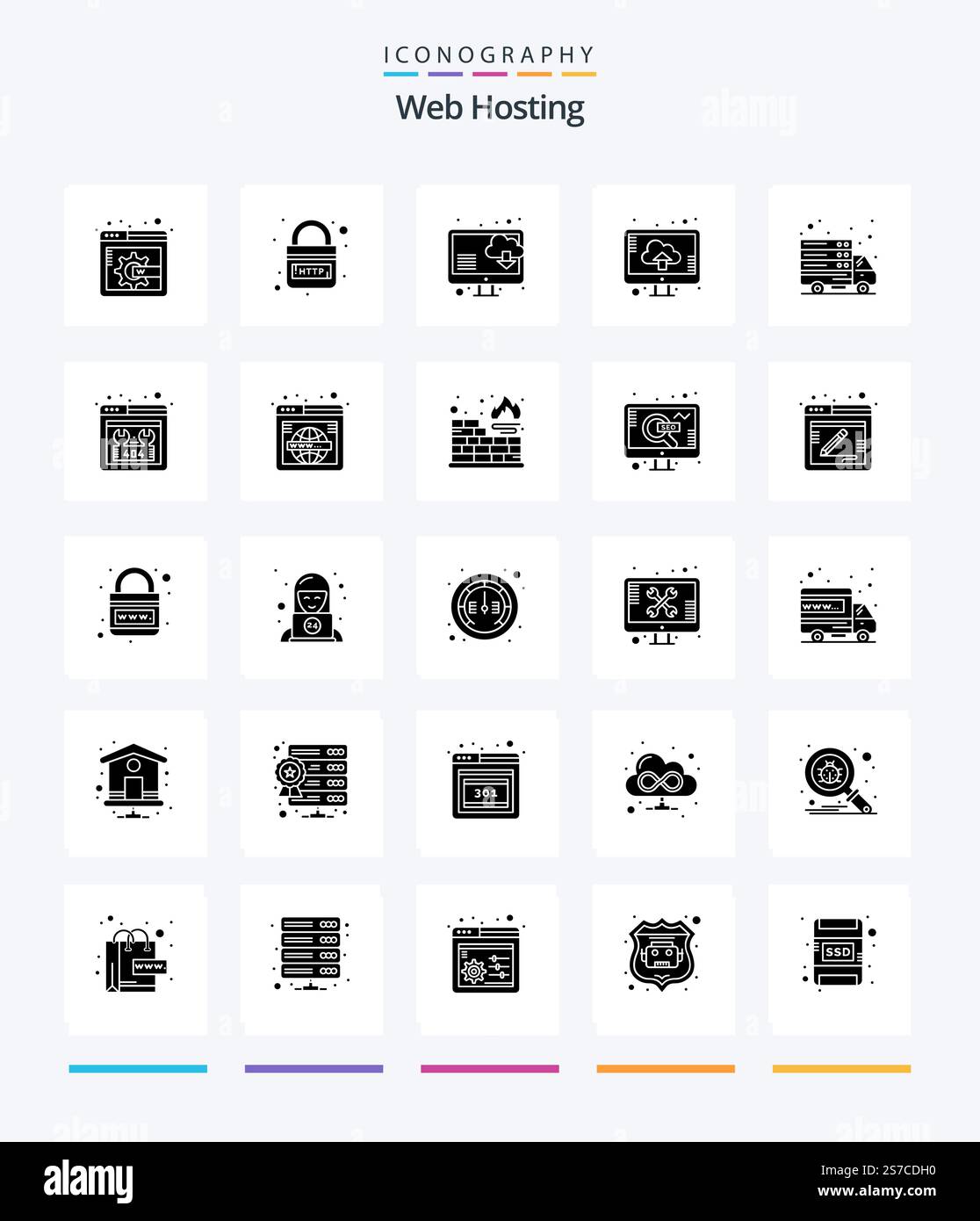 Creative Web Hosting 25 Glyph Solid Black icon pack  Such As web server. online. computer. internet. storage Stock Vector