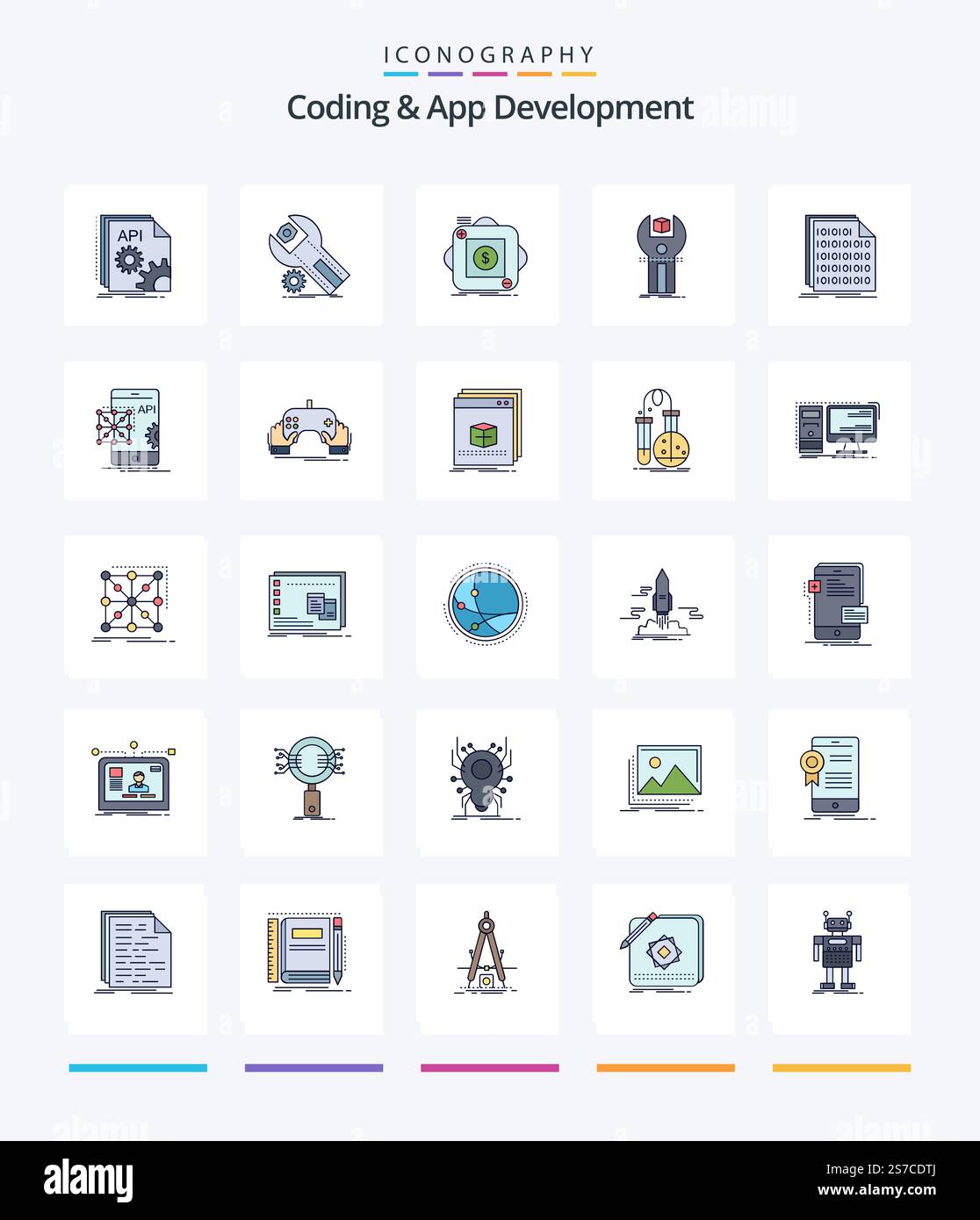 Creative Coding And App Development 25 Line FIlled icon pack  Such As development. sdk. maintenance. mobile. app Stock Vector