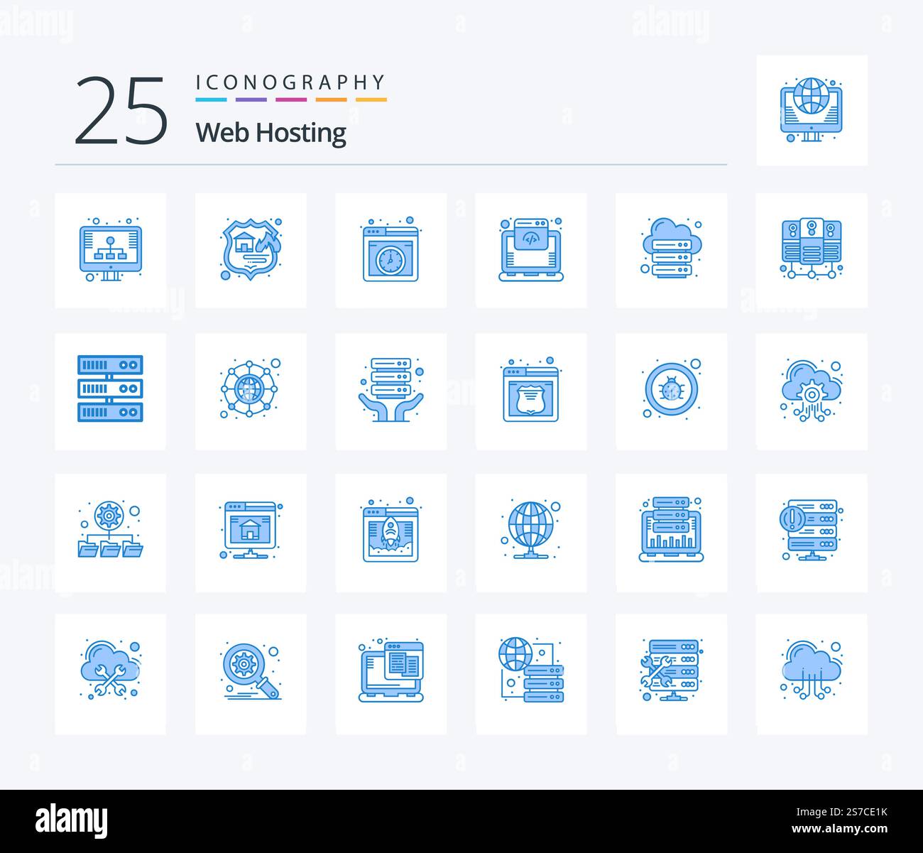 Web Hosting 25 Blue Color icon pack including database server. server. cloud. internet. database Stock Vector