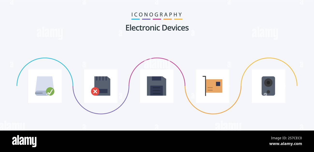 Devices Flat 5 Icon Pack Including devices. card. hardware. gadget. disc Stock Vector