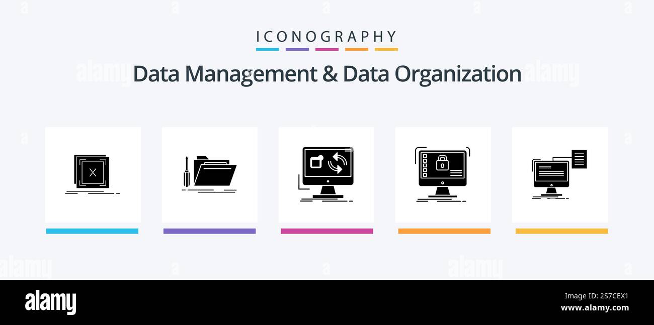 Data Management And Data Organization Glyph 5 Icon Pack Including safe. secure. resource. sync. application. Creative Icons Design Stock Vector