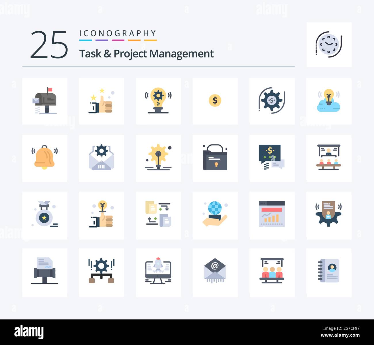 Task And Project Management 25 Flat Color icon pack including money. setting. idea. gear. money Stock Vector