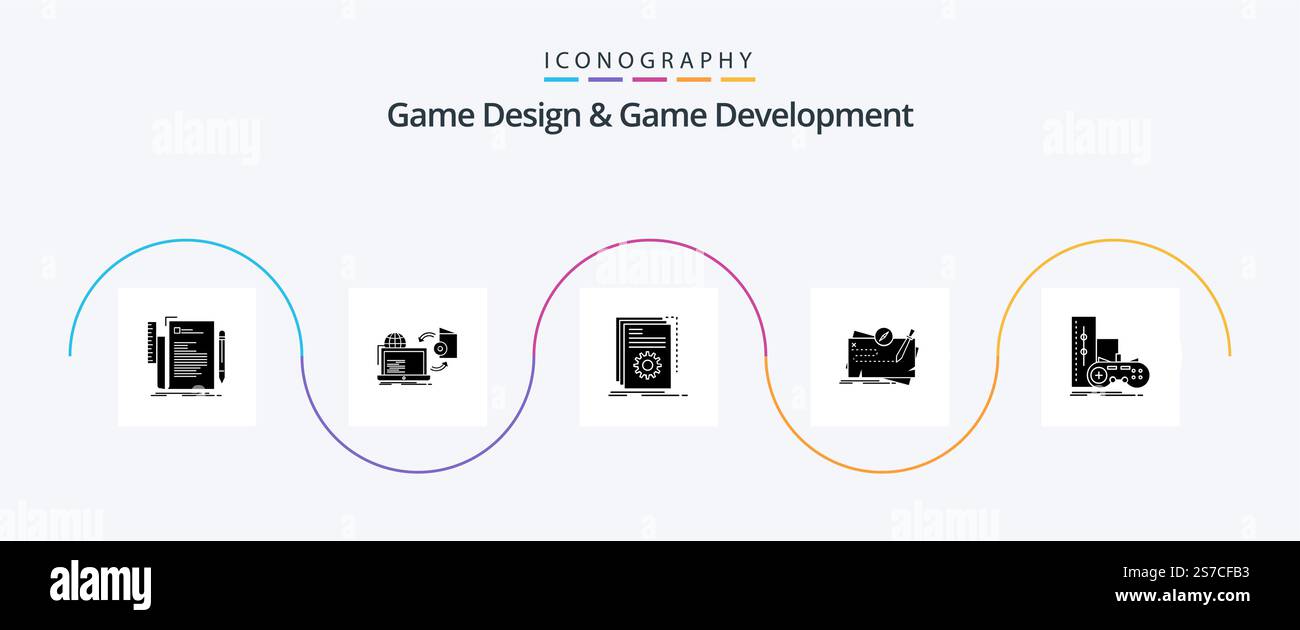 Game Design And Game Development Glyph 5 Icon Pack Including mission. game. publish. script. developer Stock Vector