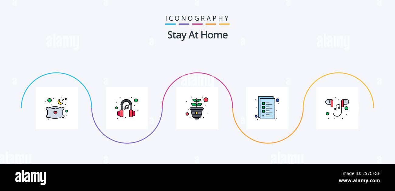 Stay At Home Line Filled Flat 5 Icon Pack Including music. ear ...