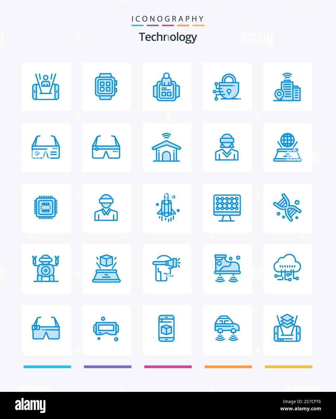 Creative Technology 25 Blue icon pack  Such As wifi. technology. watch. lock. technology Stock Vector