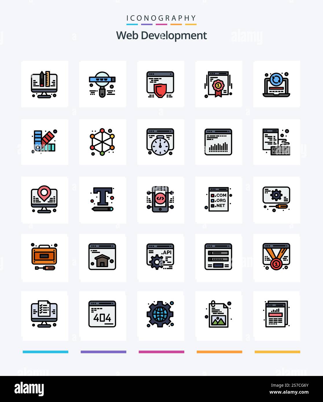 Creative Web Development 25 Line FIlled icon pack  Such As refresh. web quality. protection. web. badge Stock Vector