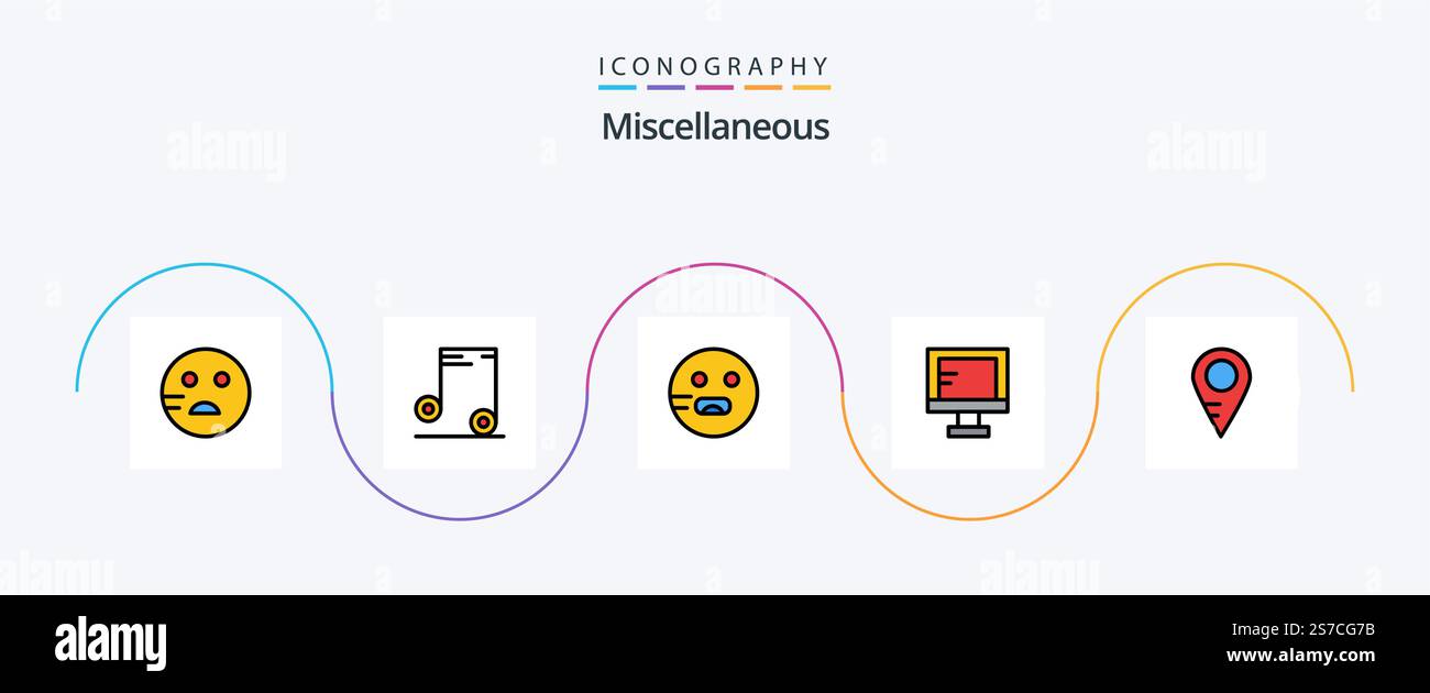 Miscellaneous Line Filled Flat 5 Icon Pack Including . location. hungry. map. study Stock Vector