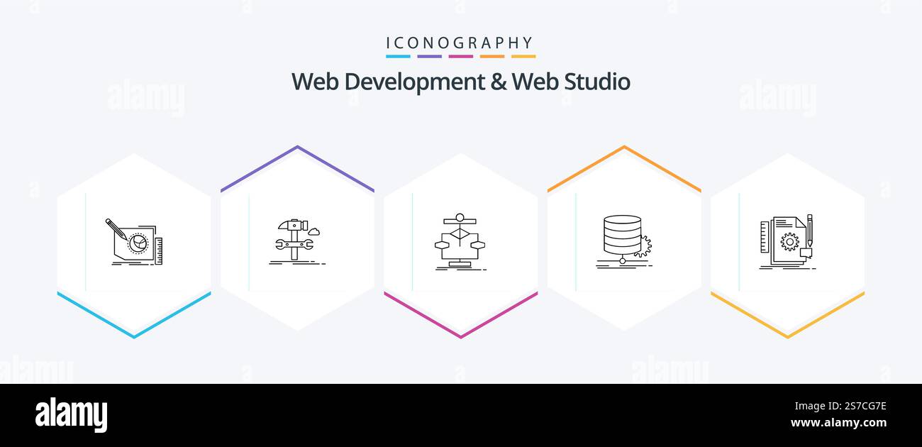 Web Development And Web Studio 25 Line icon pack including develop. creative. repair. flow. data Stock Vector
