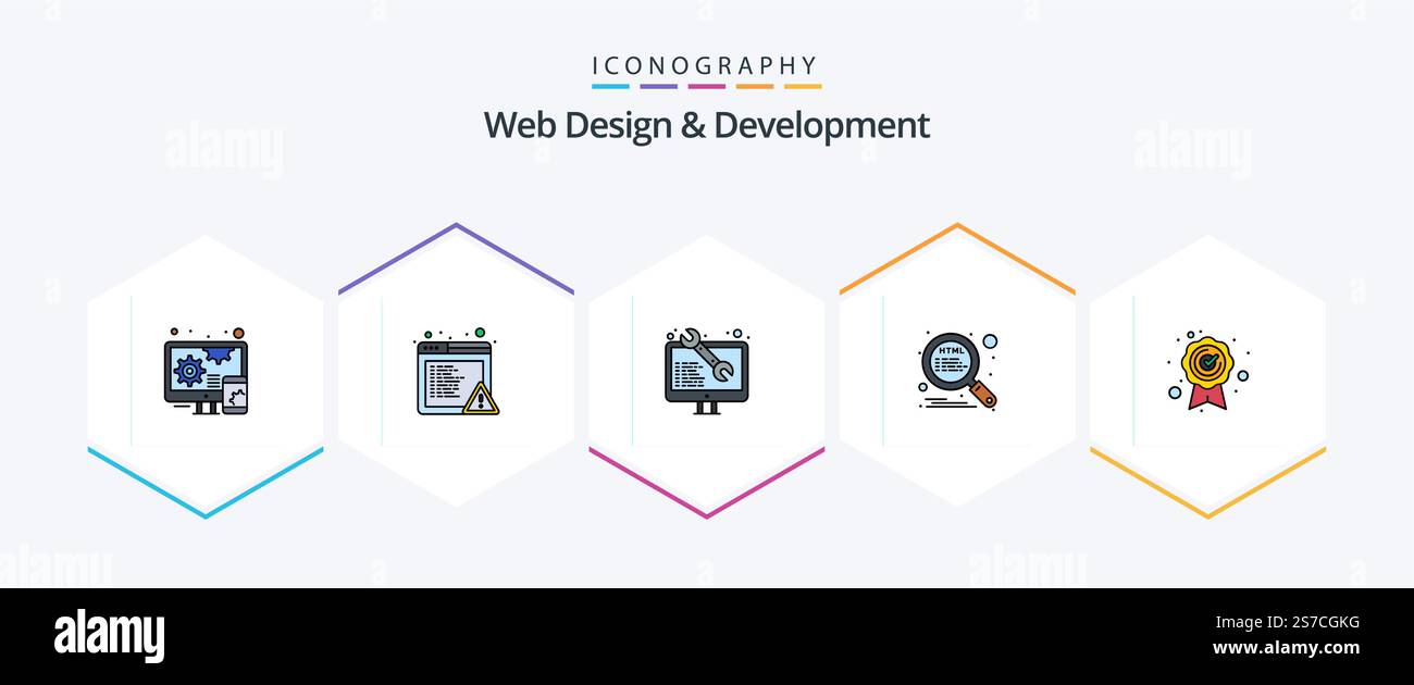 Web Design And Development 25 FilledLine icon pack including quality. best quality. web. seo. optimization Stock Vector