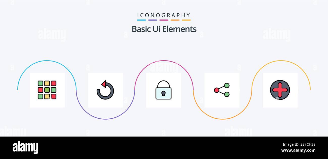 Basic Ui Elements Line Filled Flat 5 Icon Pack Including sign. sharing. lock. social . media Stock Vector