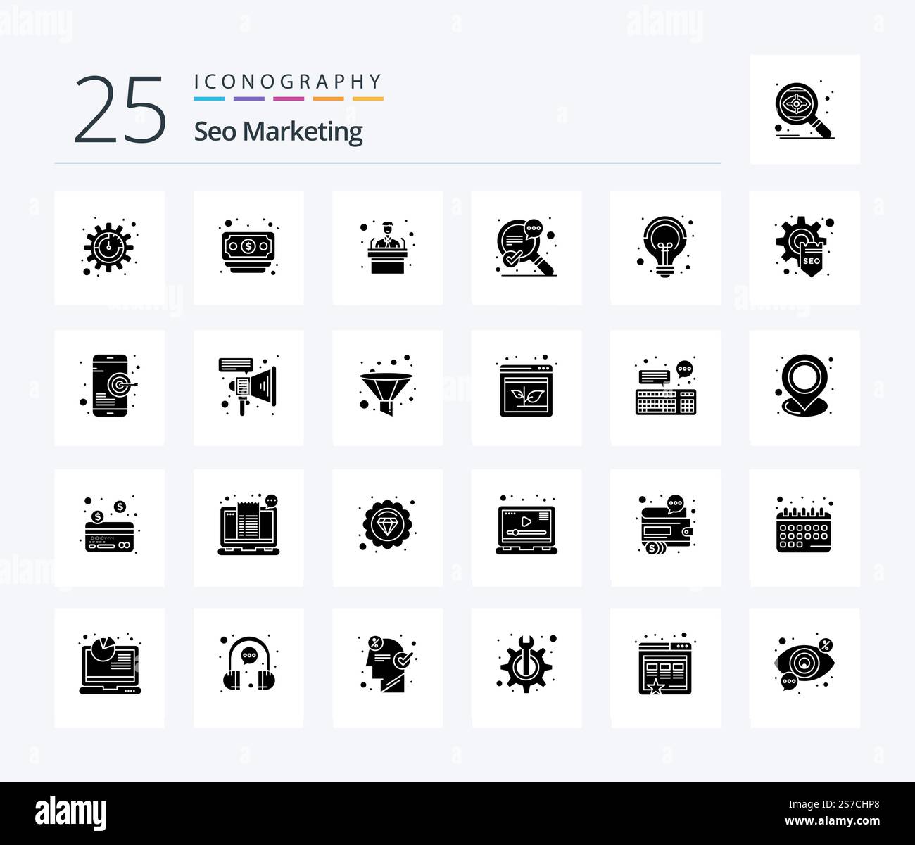 Seo Marketing 25 Solid Glyph icon pack including development. idea. training. creative. speech Stock Vector