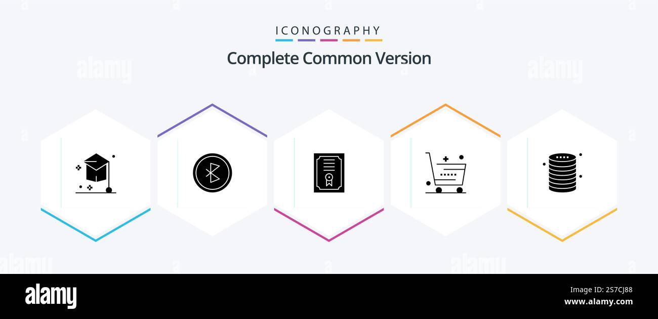 Complete Common Version 25 Glyph icon pack including shopping. online. network. ecommerce. diploma Stock Vector