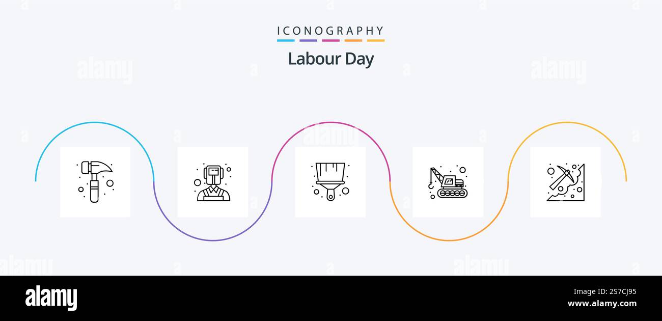 Labour Day Line 5 Icon Pack Including . pick. tool. mining. cave Stock Vector
