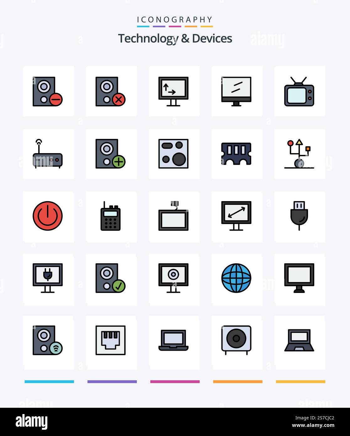 Creative Devices 25 Line FIlled icon pack  Such As computers. modem. computer. hub. tv Stock Vector