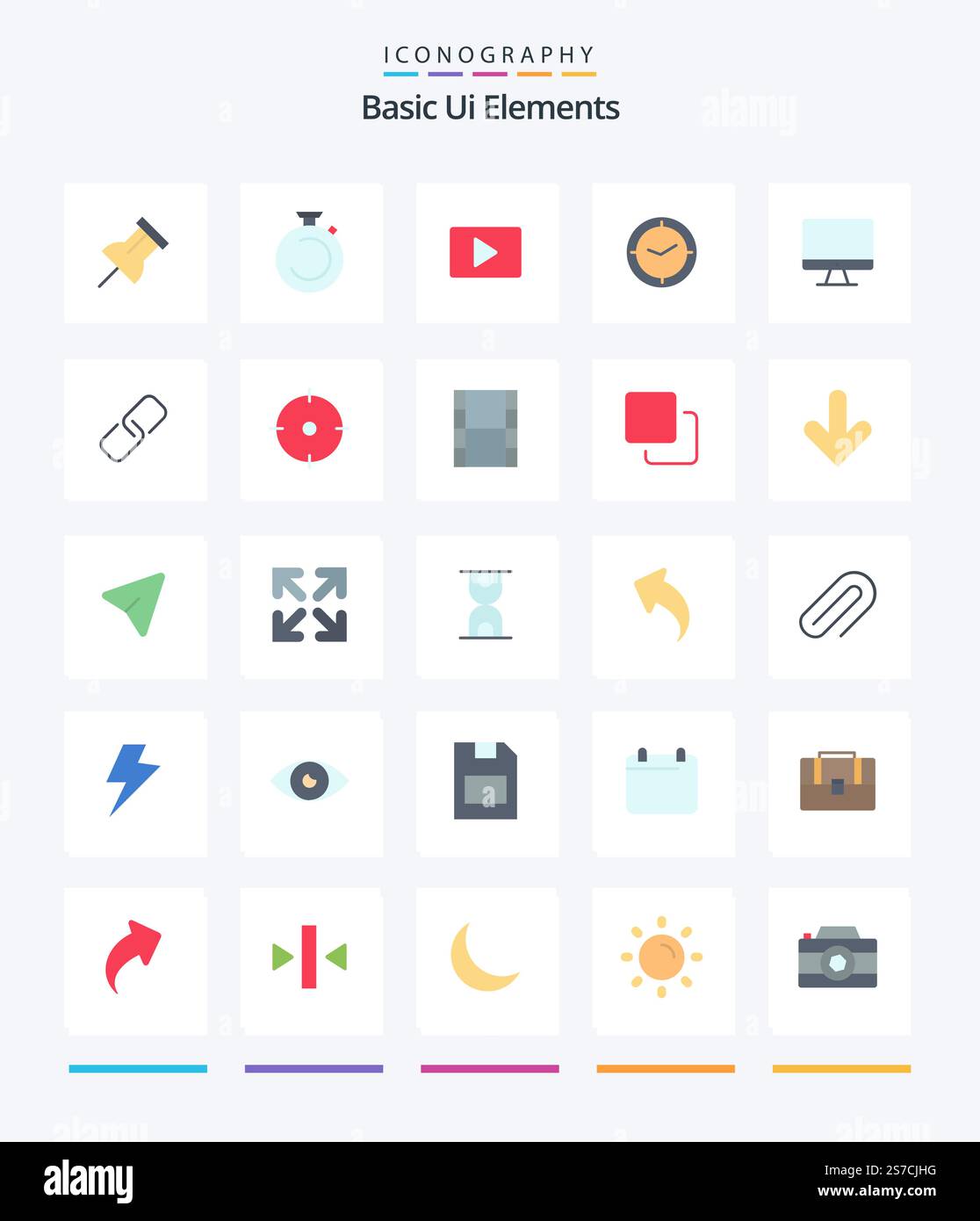 Creative Basic Ui Elements 25 Flat icon pack  Such As monitor. clock. youtube. timer. watch Stock Vector