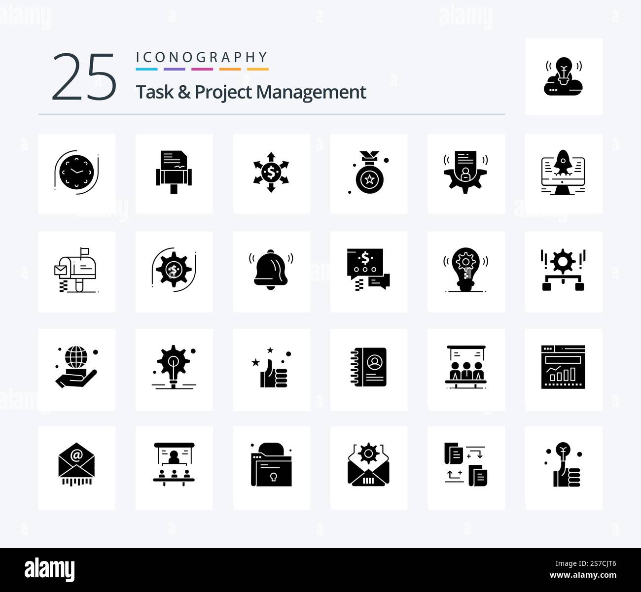 Task And Project Management 25 Solid Glyph icon pack including setting . medal. award badge . Stock Vector