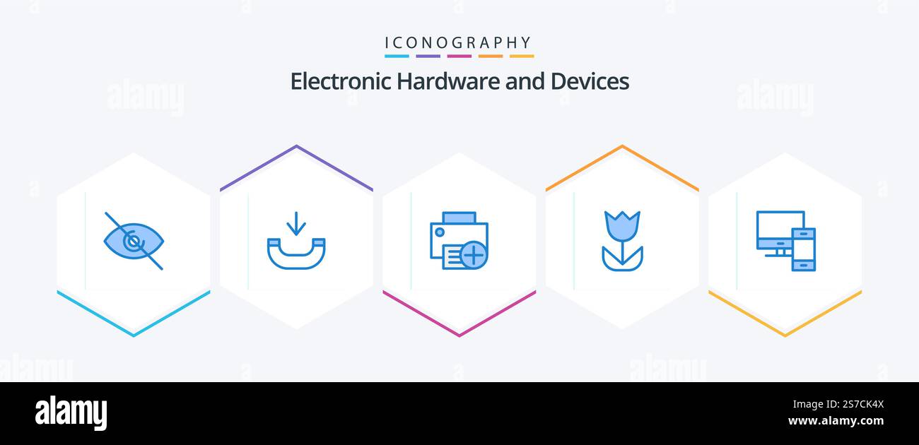 Devices 25 Blue icon pack including mac. computer. devices. photo. flower Stock Vector