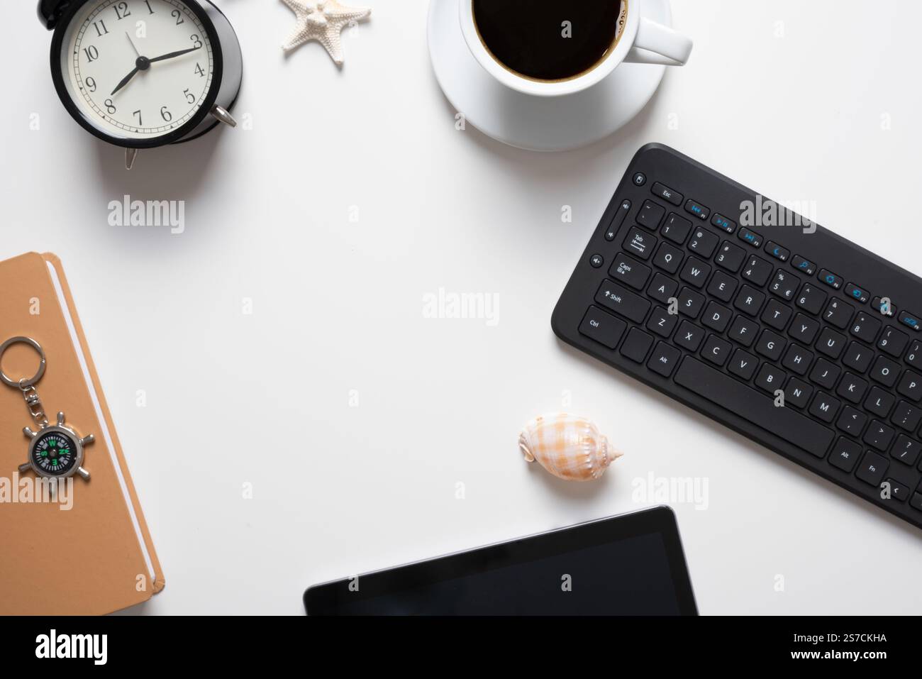 Black keyboard on a table, desk top view, flat lay Stock Photo