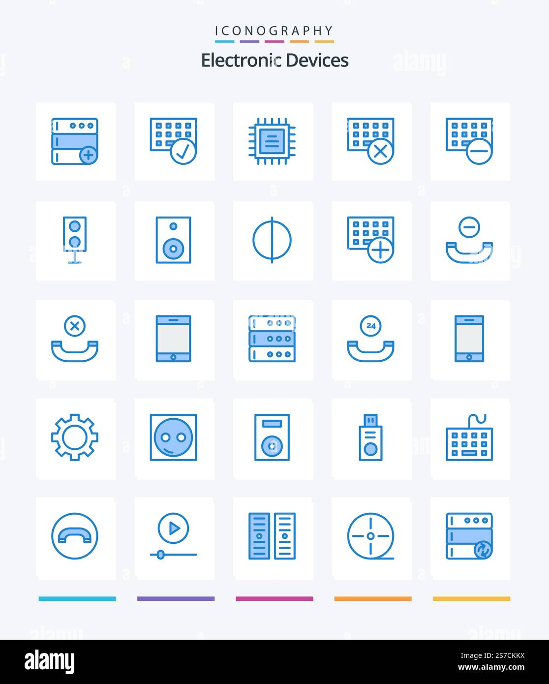 Creative Devices 25 Blue icon pack  Such As electronics. keyboard. chip. hardware. devices Stock Vector