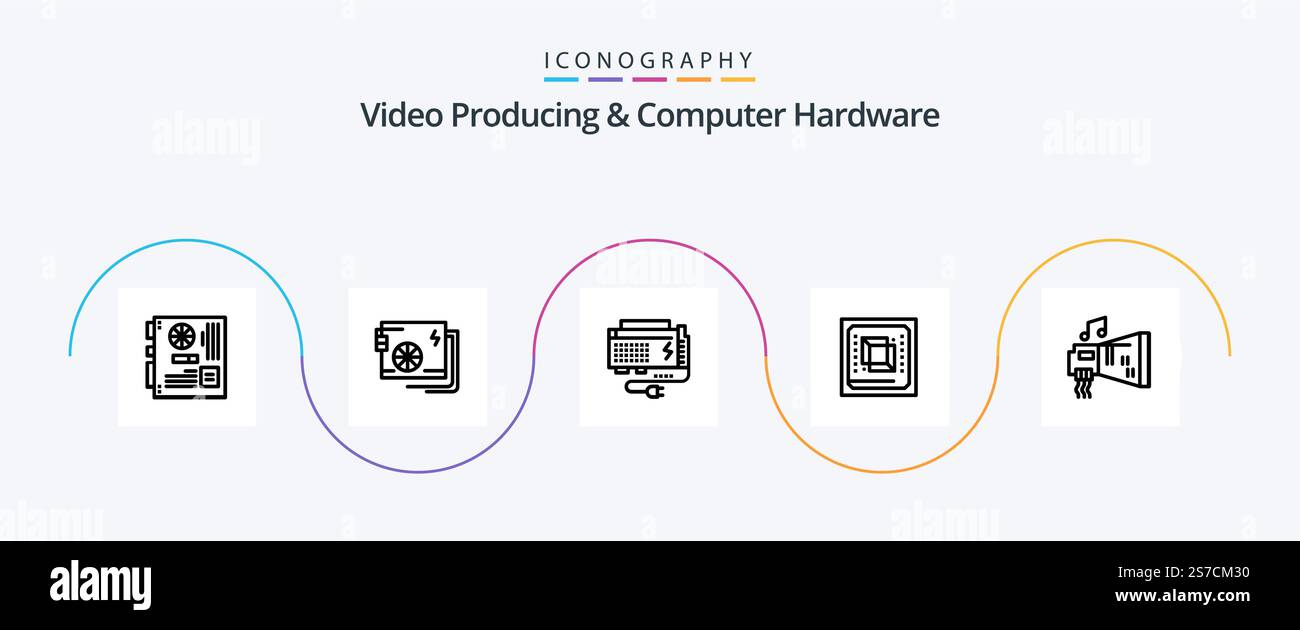 Video Producing And Computer Hardware Line 5 Icon Pack Including cpu. chip. power. source. computer Stock Vector