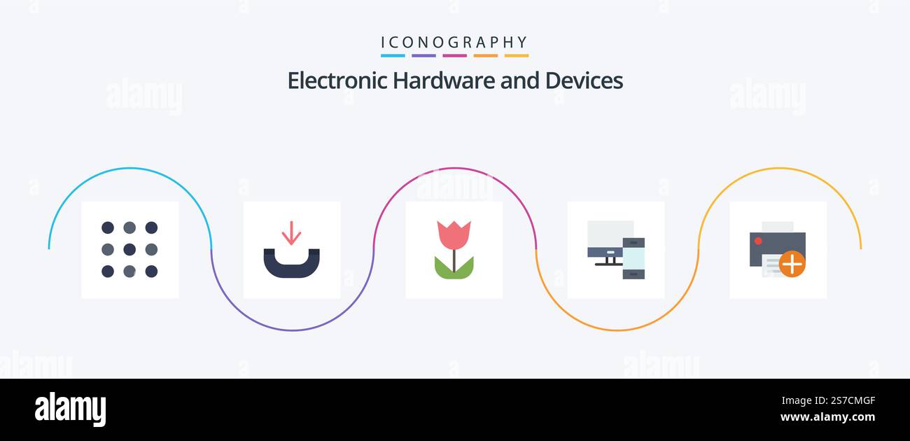 Devices Flat 5 Icon Pack Including devices. add. macro. phone. mac Stock Vector