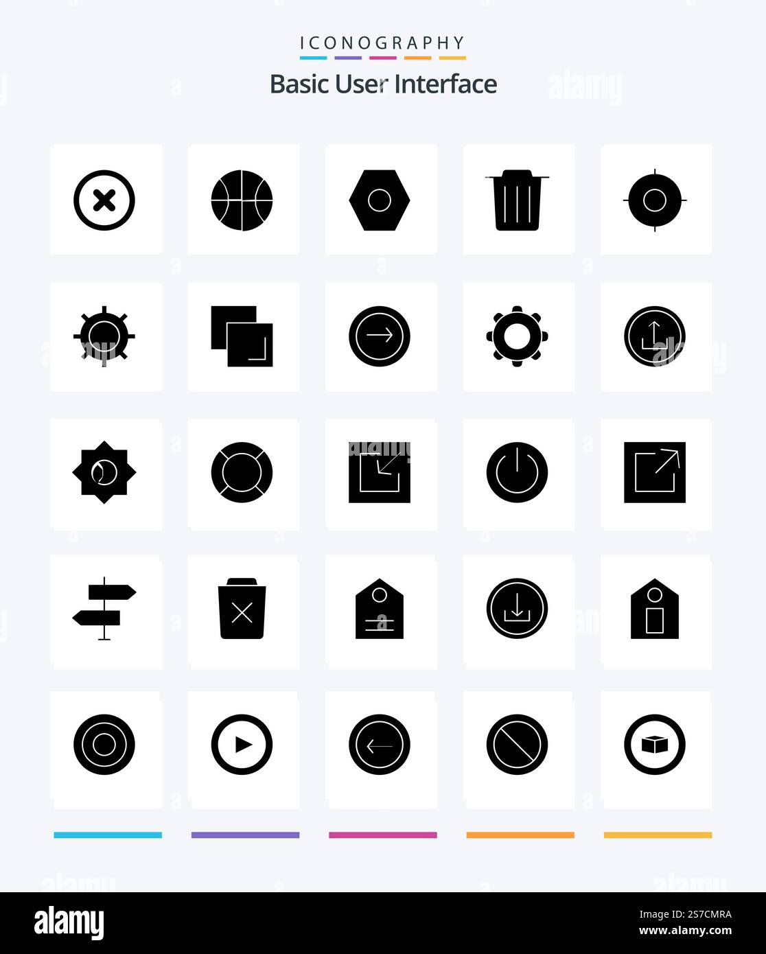 Creative Basic 25 Glyph Solid Black icon pack  Such As ux. location. settings. essential. trash Stock Vector