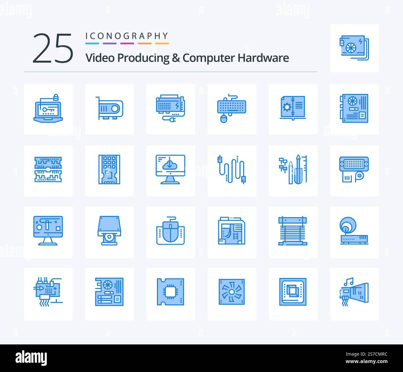 Video Producing And Computer Hardware 25 Blue Color icon pack including mouse. interface. computer. device. power Stock Vector