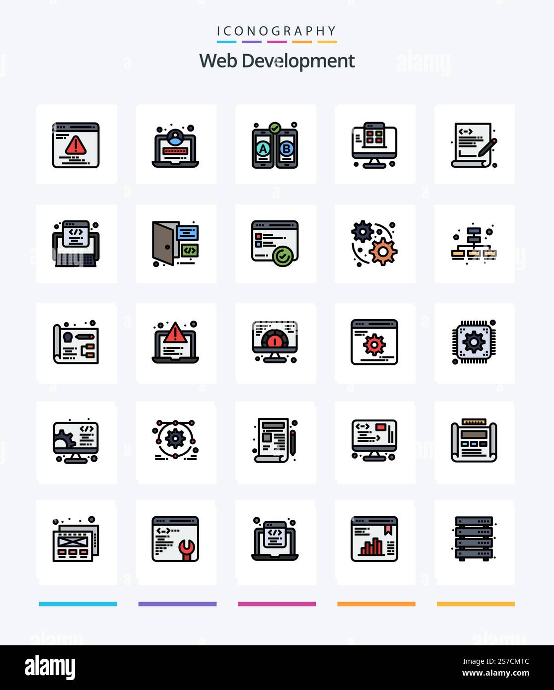 Creative Web Development 25 Line FIlled icon pack  Such As code. programming. mobile. language. app Stock Vector