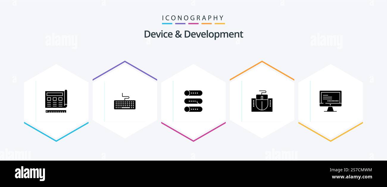 Device And Development 25 Glyph icon pack including computer. hardware. education. computer. on off Stock Vector