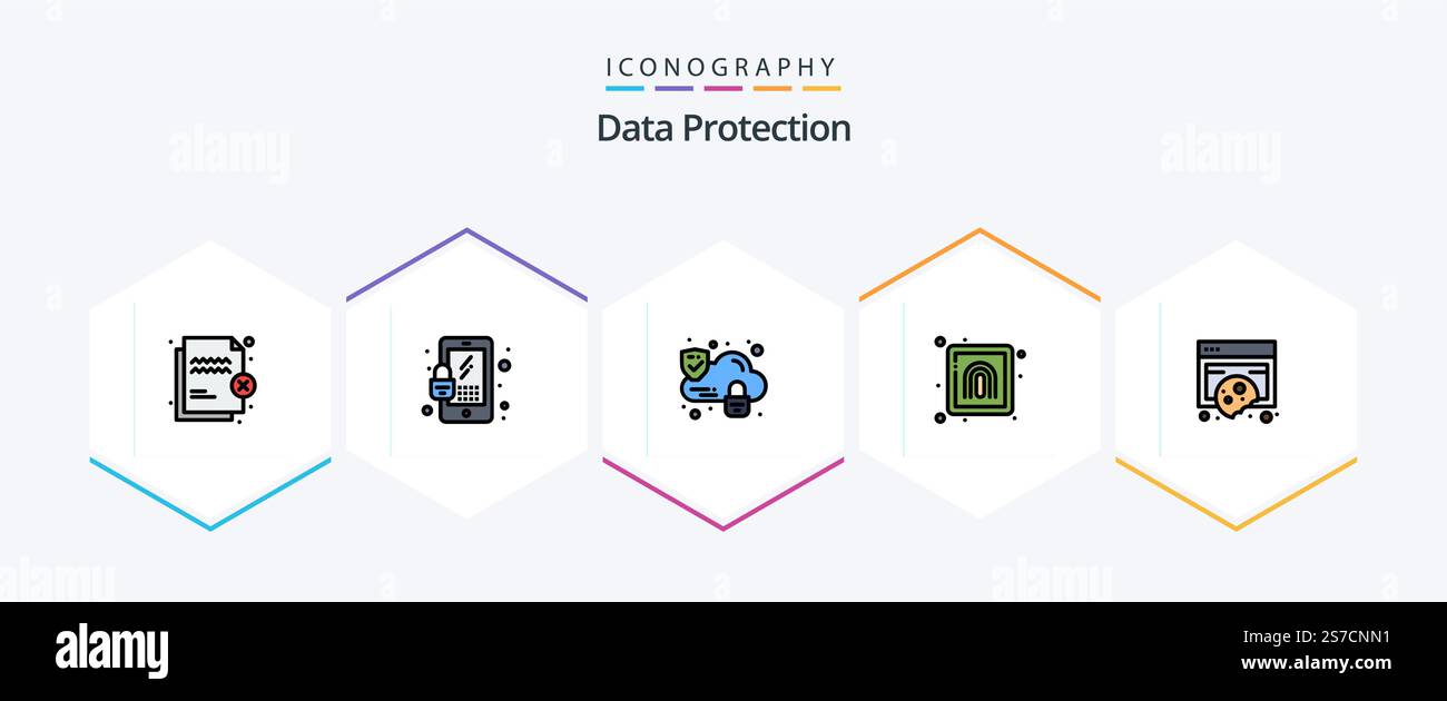 Data Protection 25 FilledLine icon pack including data. compliance. cloud. security. finger Stock Vector