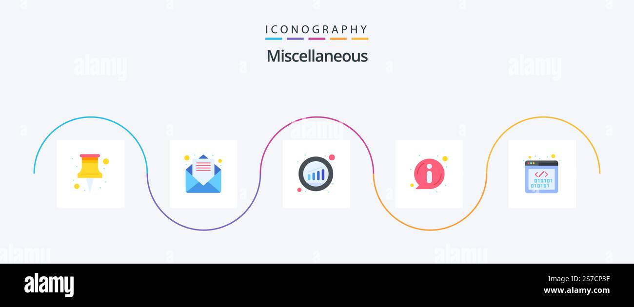 Miscellaneous Flat 5 Icon Pack Including development. analytics. information. about Stock Vector