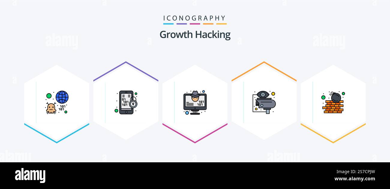 Hacking 25 FilledLine icon pack including view. eye. mobile. cctv. virus Stock Vector
