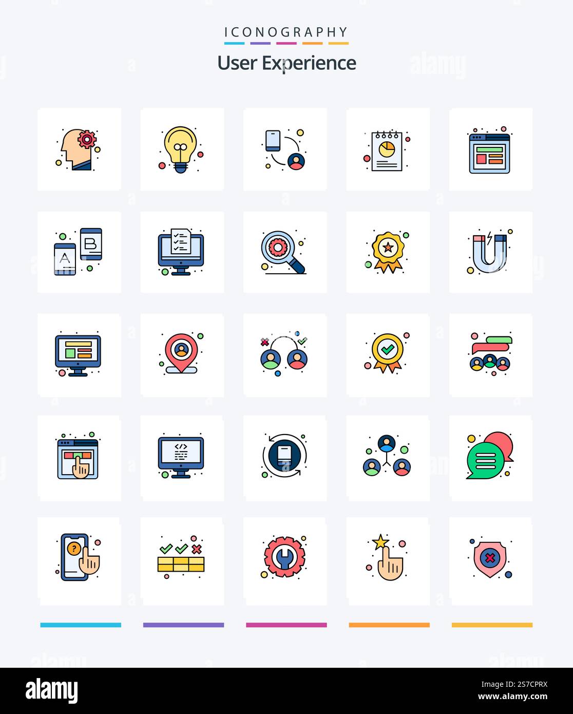 Creative User Experience 25 Line FIlled icon pack  Such As experience. pie. people. data. report Stock Vector