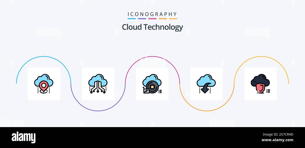 Cloud Technology Line Filled Flat 5 Icon Pack Including arrow. cloud. network. download. chip Stock Vector