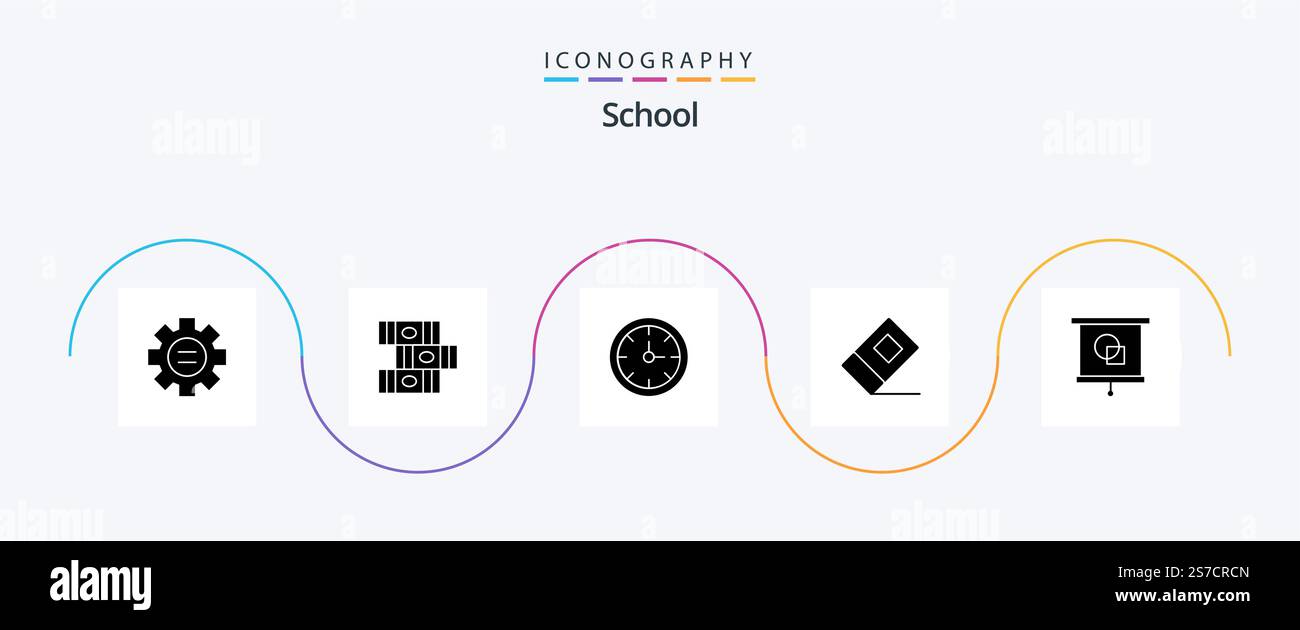 School Glyph 5 Icon Pack Including school. education. clock. device. eraser Stock Vector