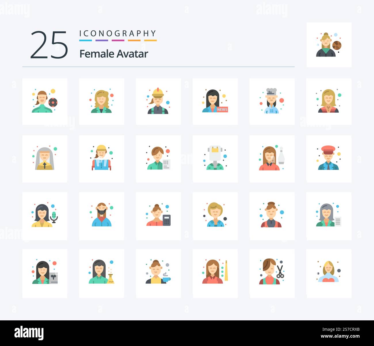 Female Avatar 25 Flat Color icon pack including cook. news anchor ...