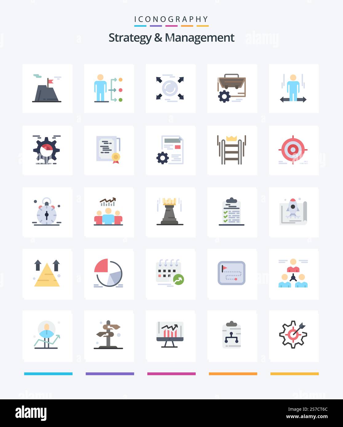 Creative Strategy And Management 25 Flat icon pack  Such As engineer. gear. user. bag. direction Stock Vector