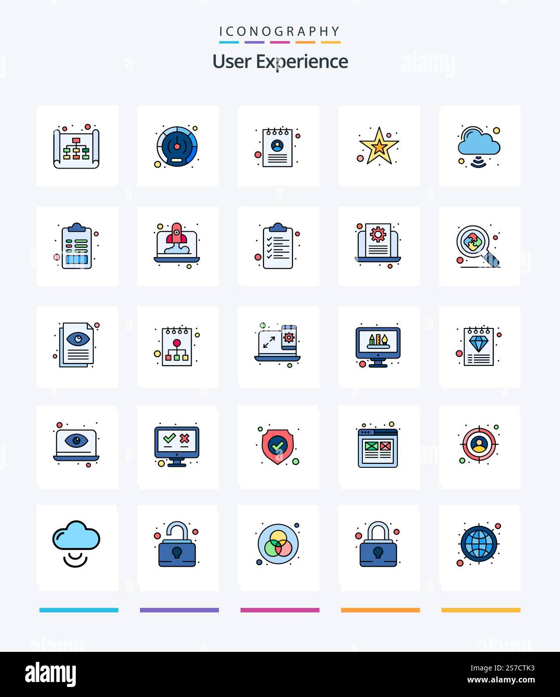 Creative User Experience 25 Line FIlled icon pack  Such As cloud internet. shapes. ux. shape. document Stock Vector