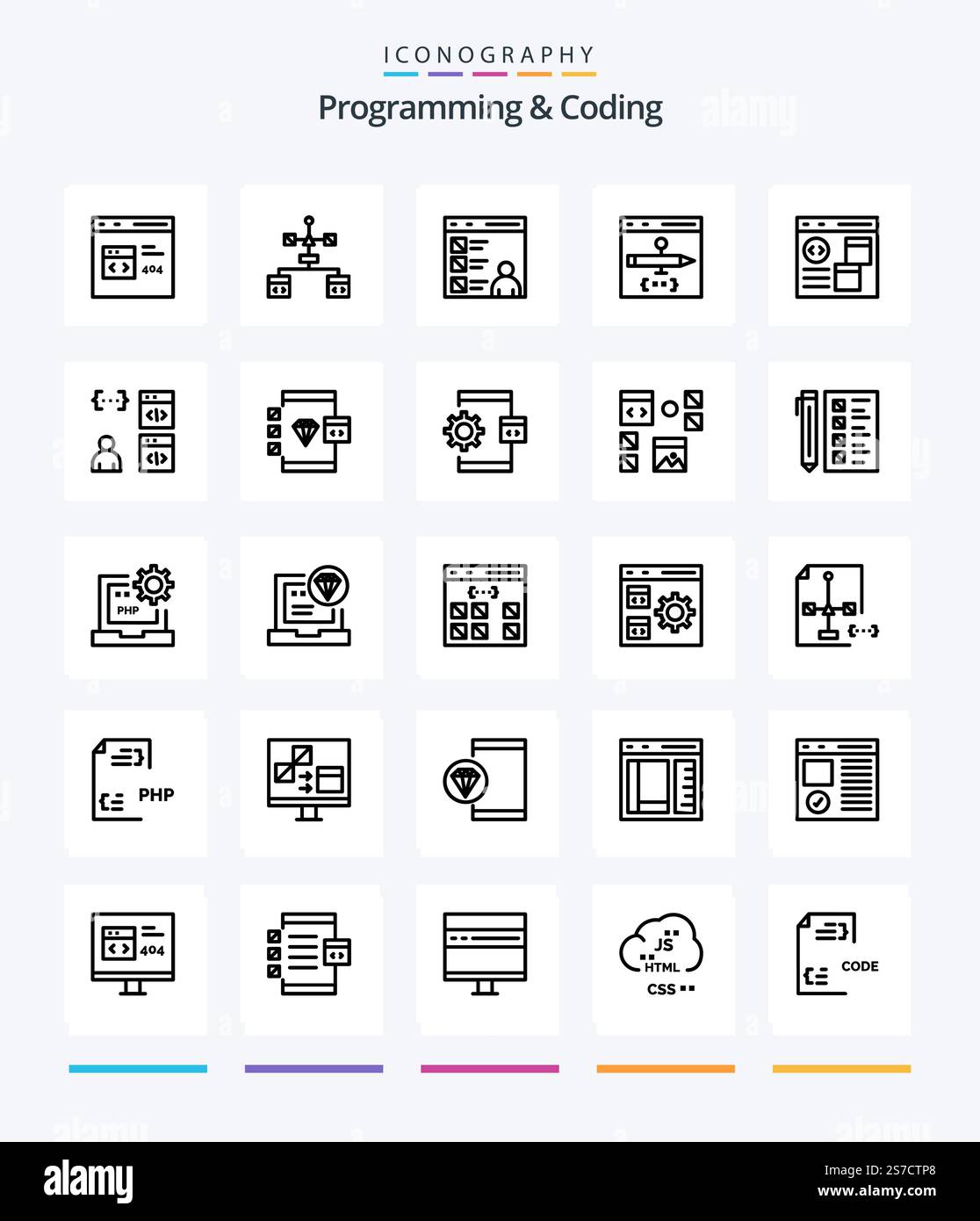 Creative Programming And Coding 25 OutLine icon pack  Such As develop. business. development. programming. development Stock Vector
