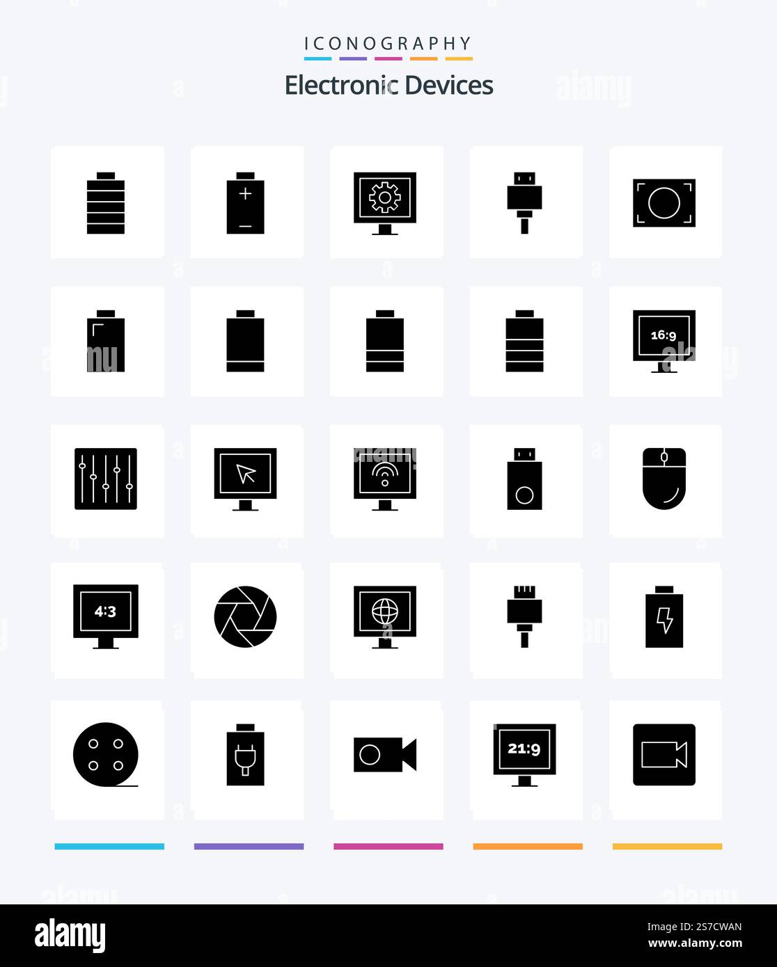 Creative Devices 25 Glyph Solid Black icon pack  Such As aspect ratio. electric. file. battery. frame Stock Vector