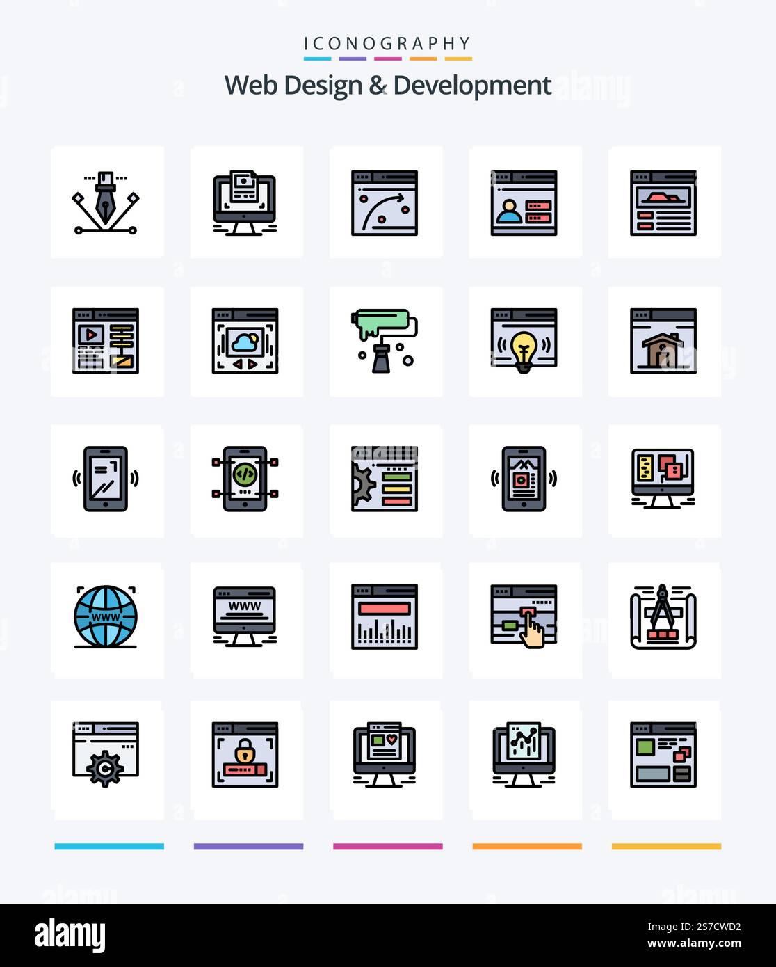 Creative Web Design And Development 25 Line FIlled icon pack  Such As web page. security. web. design. user Stock Vector